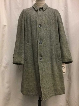Mens, Coat, MTO, Charcoal Gray, Cream, Wool, Herringbone, Tweed, 42, 4 Buttons, Collar Attached, 2 Pockets, 1950's