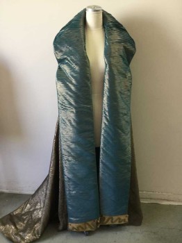 Unisex, Sci-Fi/Fantasy Cape/Cloak, MTO, Teal Blue, Bronze Metallic, Gold, Synthetic, Metallic/Metal, O/S, Bronze Embossed/Brocade 'Feather' Pattern, Train, Pleated Teal Fabric Makes Collar That Extends To the Floor, Collar at Hem Has Gold and Metallic Snakes and Stones, Gold Leather Cape Ties Inside, Egypt, Fantasy, Biblical,