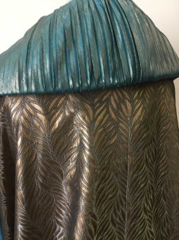 Unisex, Sci-Fi/Fantasy Cape/Cloak, MTO, Teal Blue, Bronze Metallic, Gold, Synthetic, Metallic/Metal, O/S, Bronze Embossed/Brocade 'Feather' Pattern, Train, Pleated Teal Fabric Makes Collar That Extends To the Floor, Collar at Hem Has Gold and Metallic Snakes and Stones, Gold Leather Cape Ties Inside, Egypt, Fantasy, Biblical,