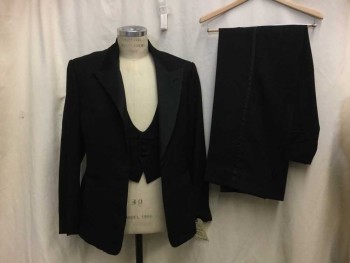 Mens, 1930s Vintage, Formal Jacket , MTO, Black, Wool, Silk, Solid, 40S, Made To Order, Black, Silk Satin Peaked Lapel, 3 Pockets, 1 Button, Double, See FC020560,
