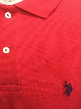 U.S. POLO ASSN, Red, Cotton, Solid, Pique Jersey, Short Sleeves, Collar Attached, 2 Button Neck, Navy Polo Logo Embroidered at Chest