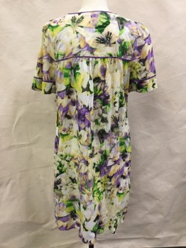 Womens, Housedress, A ADONNA, Purple, Lt Yellow, Kelly Green, Lt Green, Cotton, Floral, S, Scoop Neck, Short Sleeves, Snap Front, Front and Back Yoke, Purple Piping Detail