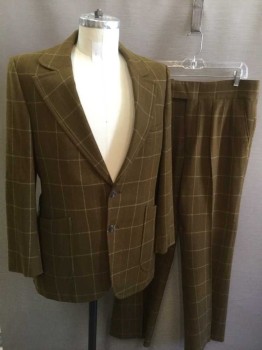 Mens, 1960s Vintage, Suit, Jacket, ACADEMY AWARD CLOTHE, Olive Green, Beige, Rust Orange, Wool, Plaid-  Windowpane, 40 S, Single Breasted, Wide Notched Lapel, 2 Buttons, 2 Large Patch Pockets, Smoky Greenish Gray Lining, 2 Long Vents in Back, Late 1960s