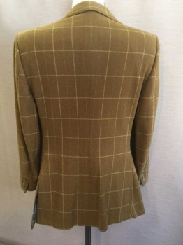 Mens, 1960s Vintage, Suit, Jacket, ACADEMY AWARD CLOTHE, Olive Green, Beige, Rust Orange, Wool, Plaid-  Windowpane, 40 S, Single Breasted, Wide Notched Lapel, 2 Buttons, 2 Large Patch Pockets, Smoky Greenish Gray Lining, 2 Long Vents in Back, Late 1960s