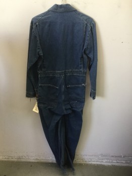 Mens, Coveralls/Jumpsuit, POINTER, Denim Blue, Cotton, Solid, W 34, CH 40, Blue Denim, Zip Front, Notched Lapel, Collar Attached, Long Sleeves, 4 Pockets, Distressed
