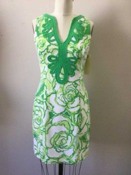 LILY PULITZER, White, Kelly Green, Lime Green, Polyester, Spandex, Floral, Round Into V-neck, Heavy Moorish Applique at Neck Line, Sleeveless,  Fitted, Zip Back,
