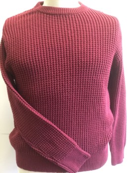 J CREW, Maroon Red, Cotton, Solid, Bumpy Texture Knit, Crew Neck, Long Sleeve