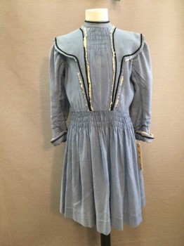 Childrens, Dress 1890s-1910s, MTO, Blue, Black, Off White, Wool, Solid, 27 W, 30 C, Blue Wool Challis, Small Holes Here and There, Gathered Waist and Detail, Long Sleeves, Stand Collar, Black Velvet Ribbon Trim & Off Wht Ruffeled Ribbon Trim, Hook & Eye Closing Back, See Photo Attached,