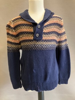 PEEK, Navy Blue, Orange, Tan Brown, Olive Green, Cotton, Stripes - Horizontal , Pullover, Woven Horizontal Stripes Top with Navy Bodice, Collar Attached and Long Sleeves, 2 Button Front, Ribbed Cuffs & Hem