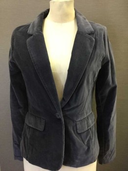FRENCHI, Gray, Cotton, Polyester, Solid, Velvet, Single Breasted, Notched Lapel, 1 Button, 2 Pockets, Dark Gray Poly Satin Lining