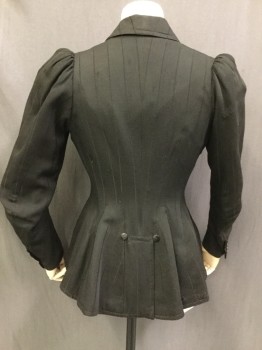 Womens, Jacket 1890s-1910s, N/L, Black, Silk, Stripes - Shadow, 24W, 32B, XS, Double Breasted, Hook & Eyes and Button Front, Cross Over Notched Lapel, Re-lined,