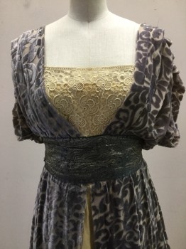 Womens, Evening Dress 1890s-1910s, N/L (MTO), Mauve Pink, Champagne, Slate Blue, Gold, Silk, Synthetic, Floral, W24, B34, Mauve Velvet Devore Empire Line Dress with Champagne Satin Under Skirt and Lace Inlay at Neckline, Short Sleeves, Gold and Slate Paisley Brocade Sash at High Waist. Graphite Beaded Detail at Center Back Waist with Short Train at Back. Condition Good. Some Stains on Champagne Satin Underskirt,