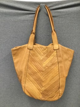 LUCKY BRAND, Ochre Brown-Yellow, Leather, Solid, Tote, V Shaped Inlay Front, Shoulder Straps, Magnetic Closure