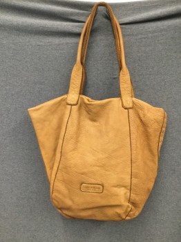 LUCKY BRAND, Ochre Brown-Yellow, Leather, Solid, Tote, V Shaped Inlay Front, Shoulder Straps, Magnetic Closure