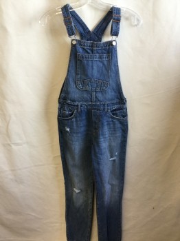 Childrens, Overalls, GAP, Blue, Cotton, Solid, XL, Blue Denim, Bib, Brass Button/hooks, Creased Lines, Washed Out,  Holes on  Front Legs