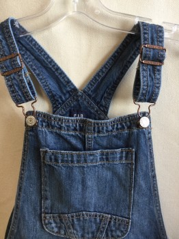 Childrens, Overalls, GAP, Blue, Cotton, Solid, XL, Blue Denim, Bib, Brass Button/hooks, Creased Lines, Washed Out,  Holes on  Front Legs