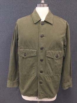 SAGE DE CRET, Olive Green, Cotton, Hemp, Solid, Twill, Button Front, Collar Attached, Long Sleeves, 2 Large Flap Pockets, Button Cuffs