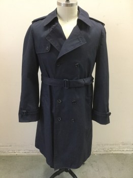 Mens, Coat, Trenchcoat, DSCP DEFENDER , Navy Blue, Cotton, Solid, 42L, Stiff Treated Cotton, Double Breasted, Epaulettes at Shoulders, 2 Pockets, **With Self Belt ***MISSING Liner