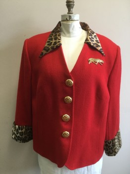 N/L, Red, Brown, Black, Tan Brown, Synthetic, Solid, Animal Print, Single Breasted, 4 Plastic Gold Buttons with Red Plastic Under, V-neck, Satin Leopard Print Pointy Collar Attached, Leopard Print Faux Fur Cuffs, Attached Gold Brooch, Possible Drag
