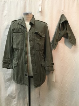 NO LABEL, Olive Green, Cotton, Solid, Olive Green, Zip & Button Front, Collar Attached, 4 Pockets, Drawstring Waist & Hem, Epaulets, Attachable Hood
