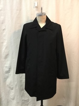 LONDON FOG, Black, Polyester, Solid, 3/4 Length Trench Coat. Hidden Button Closure Center Front, Collar Attached, 2 Pockets, Slit Cb