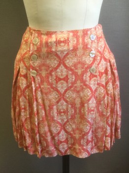 FREE PEOPLE, Coral Pink, White, Peach Orange, Rayon, Geometric, Abstract , 2 Columns of 3 Cream Buttons in "Double Breasted" Look, Flared Shape, 2 Box Pleats in Front and in Back, Hem Mini,  Invisible Zipper at Side