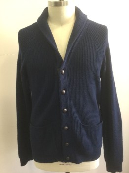 QI, Navy Blue, Dk Brown, Wool, Cashmere, Solid, Ribbed Knit, Long Sleeves, Shawl Collar, 6 Dark Brown Knotted Look Buttons, V-neck, Dark Brown Faux Suede Elbow Patches, 2 Patch Pockets at Hips