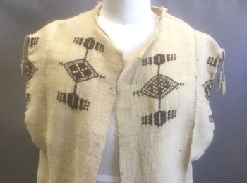 Unisex, Historical Fiction Robe , N/L, Ecru, Brown, Rust Orange, Geometric, O/S, Homespun Ecru Cloth with Diamond/Geometric Pattern, Ankle Length, Open at Front with No Closures, No Sleeves, Armholes at Sides, Aged/Worn Look, Has Some Mending at Underarm.