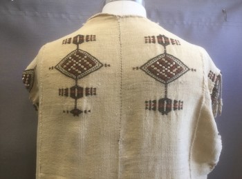 Unisex, Historical Fiction Robe , N/L, Ecru, Brown, Rust Orange, Geometric, O/S, Homespun Ecru Cloth with Diamond/Geometric Pattern, Ankle Length, Open at Front with No Closures, No Sleeves, Armholes at Sides, Aged/Worn Look, Has Some Mending at Underarm.
