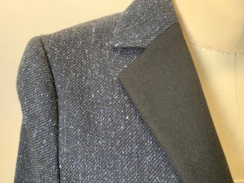 A K R I S PUNTO, Navy Blue, Black, Dusty Blue, Wool, Silk, Speckled, Stripes - Diagonal , Wool Silk Blend, Single Breasted, 2 Buttons,  Shaping Darts Fan Out From Side Seam with a Hidden Welt Pocket, Black Gabardine Lapel, Half Lining. Slash Opening at Wrist