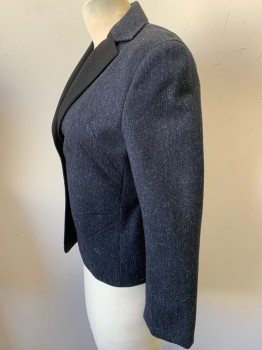 A K R I S PUNTO, Navy Blue, Black, Dusty Blue, Wool, Silk, Speckled, Stripes - Diagonal , Wool Silk Blend, Single Breasted, 2 Buttons,  Shaping Darts Fan Out From Side Seam with a Hidden Welt Pocket, Black Gabardine Lapel, Half Lining. Slash Opening at Wrist