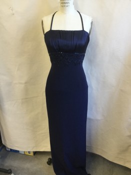 VALENTINA, Navy Blue, Acetate, Polyester, Navy Lining, Vertical Pleat Front, Iridescent Bugle Beads Spaghetti Straps & Criss-cross Back, Bust Lines and Along the Applique Flower Detail Work, Zip Back, High Split Center Back Hem (beads Coming Off on Straps)