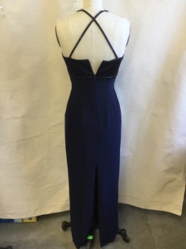 VALENTINA, Navy Blue, Acetate, Polyester, Navy Lining, Vertical Pleat Front, Iridescent Bugle Beads Spaghetti Straps & Criss-cross Back, Bust Lines and Along the Applique Flower Detail Work, Zip Back, High Split Center Back Hem (beads Coming Off on Straps)