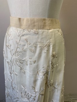 Womens, Skirt 1890s-1910s, N/L, Cream, Silk, Floral, Solid, W:27, Self Embroidery, 1" Wide Twill Waistband, 3 Hook & Bar Closures, Floor Length,