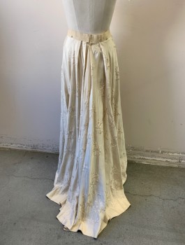 Womens, Skirt 1890s-1910s, N/L, Cream, Silk, Floral, Solid, W:27, Self Embroidery, 1" Wide Twill Waistband, 3 Hook & Bar Closures, Floor Length,