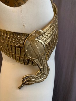 Mens, Historical Fiction Piece 1, MTO, Gold, Metallic/Metal, Leather, Solid, 40/42, Egyptian, Gold Collar with Falcon Heads, Heads Have Hooks for Attachment, Gold Wings Wrap the Right Side of the Body with a Cobra Snake in the Center. Adjustable Leather Strap at Left Shoulder, Can Be Paired with FC072529