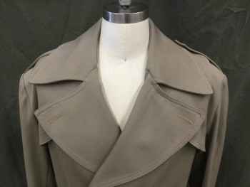 N/L, Taupe, Poly/Cotton, Solid, Twill, Double Breasted, Large Collar Attached, 2 Panel Long Sleeves, Cuffs, Epaulets, 2 Flap Shoulder Panels, 2 Pockets, Back Vented Yoke, Self Belt
