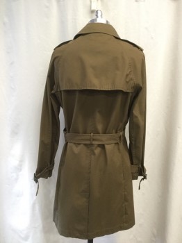 H&M, Brown, Cotton, Polyamide, Solid, Double Breasted, Collar Attached, Epaulets, Buckle Belted Cuff, 2 Pockets, Flap Shoulder Panel, Vented Back Yoke