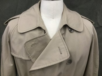 DREWSS BOCAJ, Khaki Brown, Poly/Cotton, Solid, Double Breasted, Wide Collar Attached, Wide Notched Lapel, 2 Pockets, Raglan Long Sleeves, Epaulets, Tab Panel Vent Right Shoulder, Belted Cuffs with Belt Loops, Back Vent, Self Belt with Buckle, Belt Loops, Slit Center Back with Under Flap, Snap Detachable Burberry Plaid Lining