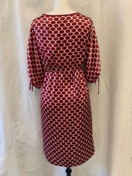 PLANET FUNK, Red Burgundy, Off White, Polyester, Polka Dots, V-neck, Drawstring Under Chest, 3/4 Sleeve, Gathered Adjustable Cuff
*Yellow Stains on Back