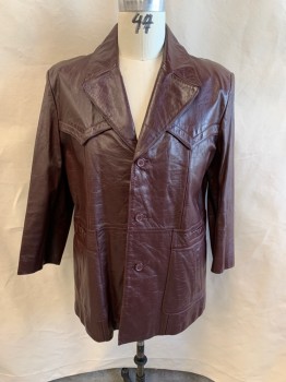 Mens, Leather Jacket, RAFFAELO, Chestnut Brown, Leather, Solid, C: 48, Yoke, Collar Attached, Pointed Front Yoke, Single Breasted, Button Front, 4 Pockets, Single Back Vent