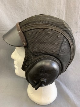 Mens, Sci-Fi/Fantasy Headpiece , N/L, Faded Black, Patent Leather, Synthetic, M, Faux Helicopter or Fighter Jet Pilot Helmet, Ear Protection and Visor All Hard Plastic Based on Heavy Net. Right Ear Has Hole for Plugs