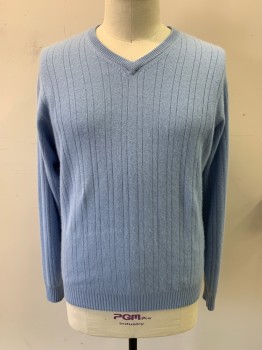 Mens, Pullover Sweater, GEOFFREY BEENE, Baby Blue, Cashmere, Solid, XL, Long Sleeves, V-neck, Rib Knit Self Stripe, Rib Knit Collar Cuffs Waistband