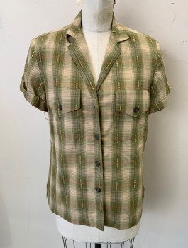 Womens, Blouse, N/L MTO, Olive Green, Sage Green, Beige, Cotton, Plaid, B:36, Made To Order, S/S, Button Front, Notched Lapel, Padded Shoulders, Folded Sleeve Cuffs, 2 Patch Pockets with Button Flaps