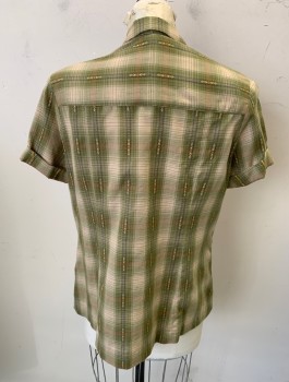 Womens, Blouse, N/L MTO, Olive Green, Sage Green, Beige, Cotton, Plaid, B:36, Made To Order, S/S, Button Front, Notched Lapel, Padded Shoulders, Folded Sleeve Cuffs, 2 Patch Pockets with Button Flaps