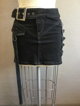Womens, Skirt, Mini, PARASUCO, Black, Cotton, Solid, 2, Jean Skirt with Large Silver Buckle, Zip Fly, 5 Buckles on Left Side, 1 Flap Pocket