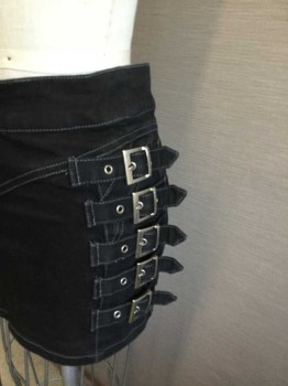PARASUCO, Black, Cotton, Solid, Jean Skirt with Large Silver Buckle, Zip Fly, 5 Buckles on Left Side, 1 Flap Pocket