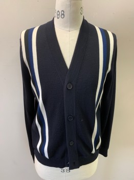 Mens, Cardigan Sweater, SANDRO, Navy Blue, White, Blue, Wool, Color Blocking, Stripes - Vertical , M, Long Sleeves, Button Front, 4 Buttons