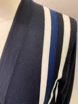 SANDRO, Wool, Navy with 4 Vertical Stripes In Wht/Blue/Blk, L/S, 4 But Fr