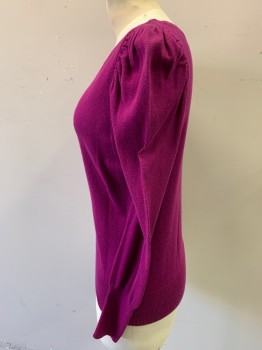 ANA, Fuchsia Purple, Cotton, Modal, Solid, Long Sleeves with Puff, Wide Neck, Long Rib Knit at Wrists